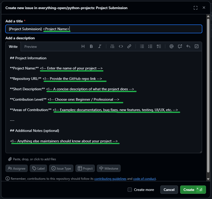 issue submission form